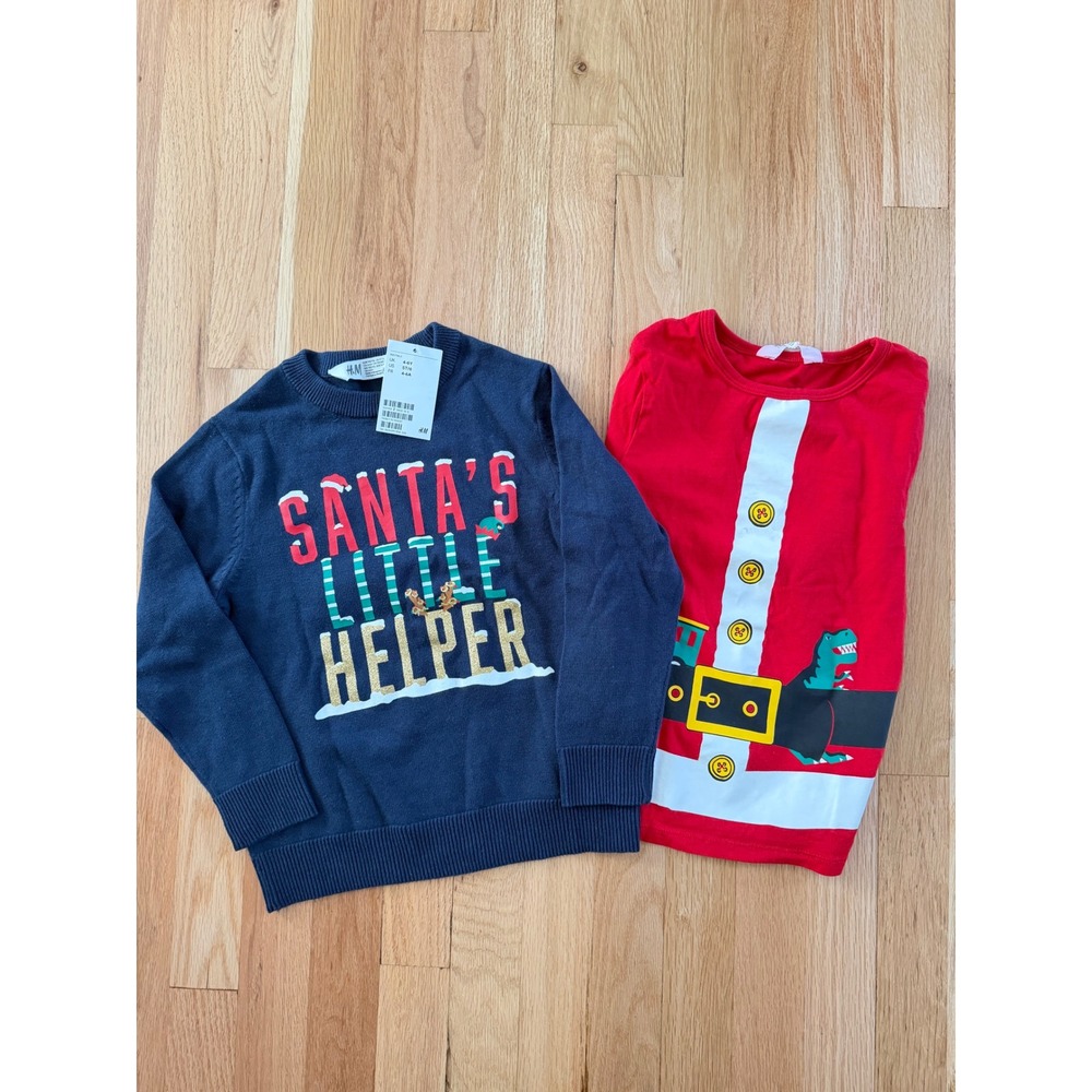 H&M Kids Christmas Sweater & Shirt Bundle Navy Santa Helper Red Santa Top 5T NEW